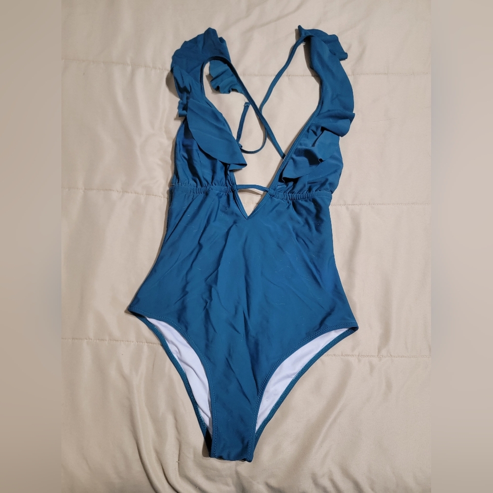 Cupshe Ruffle Drawstring Teal One Piece Swimsuit - Size Medium